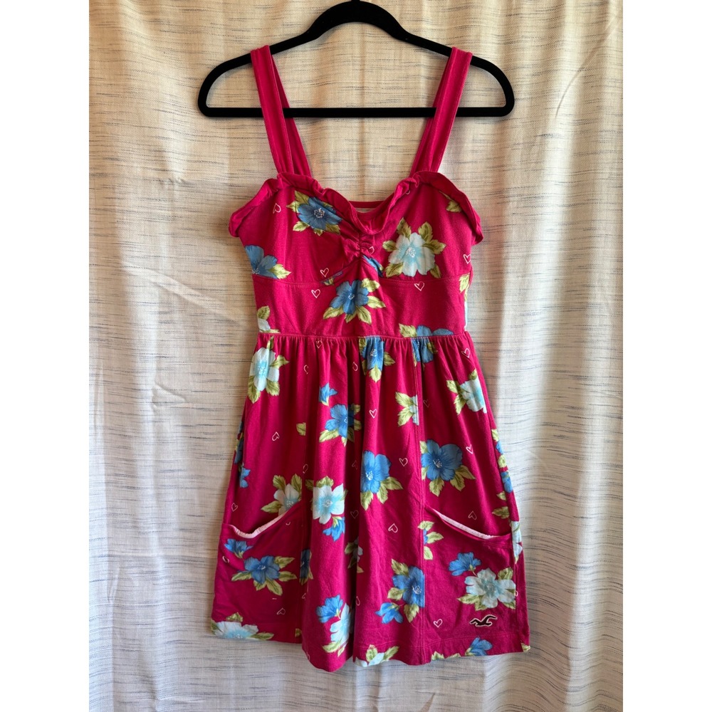 Hollister Pink Floral Mini Dress SoCal Stretch Sleeveless Ruffle Pockets Large